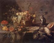 Still life of a basket of apples,grapes,plums,figs,gooseberries and redcurrants,together with a monkey,artichokes,celery,a melon,a pomegranate,a lemon